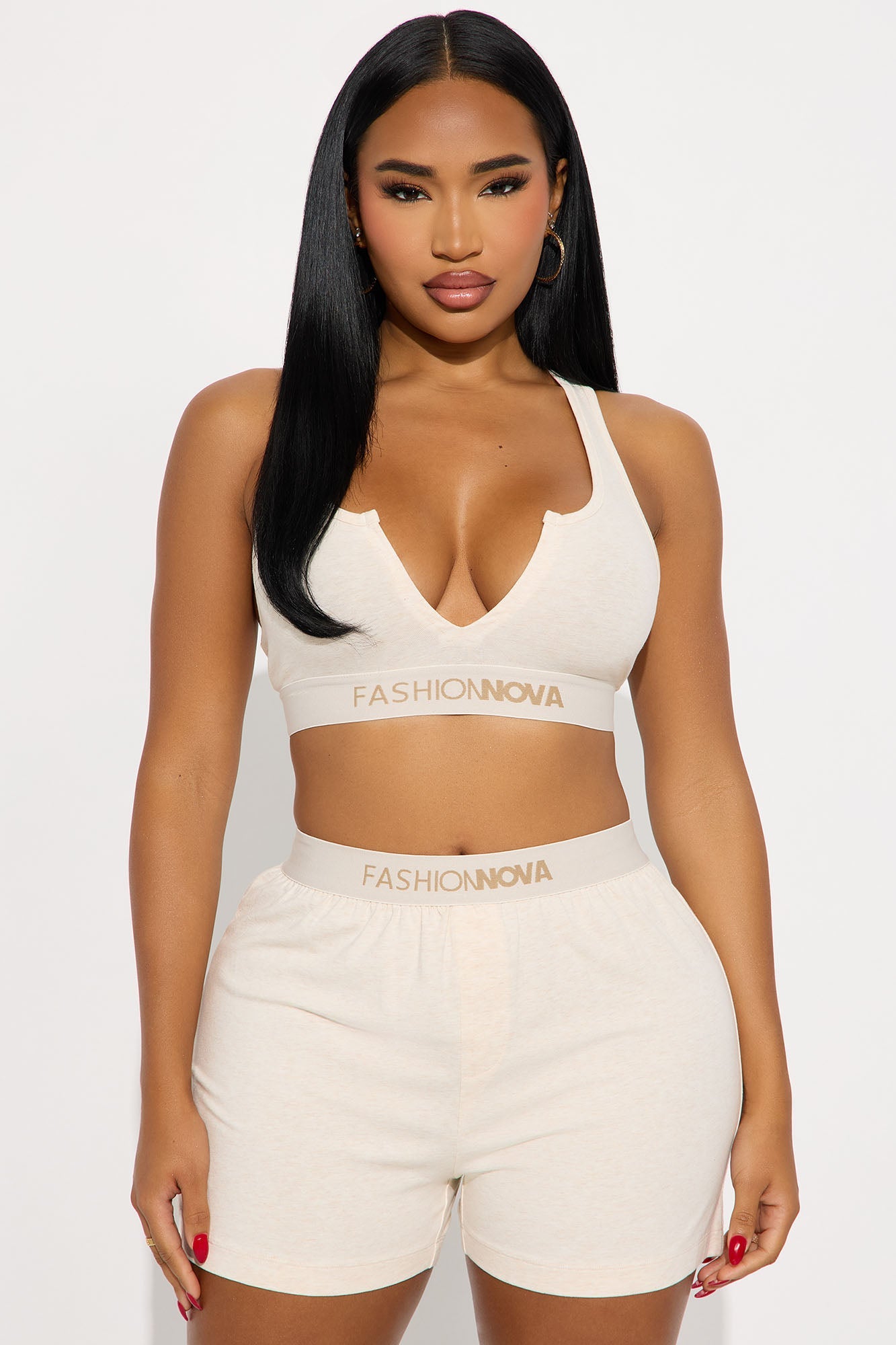 FN Mood Racerback Bralette And Loose Boxer 2 Piece Cotton Set - Oatmeal