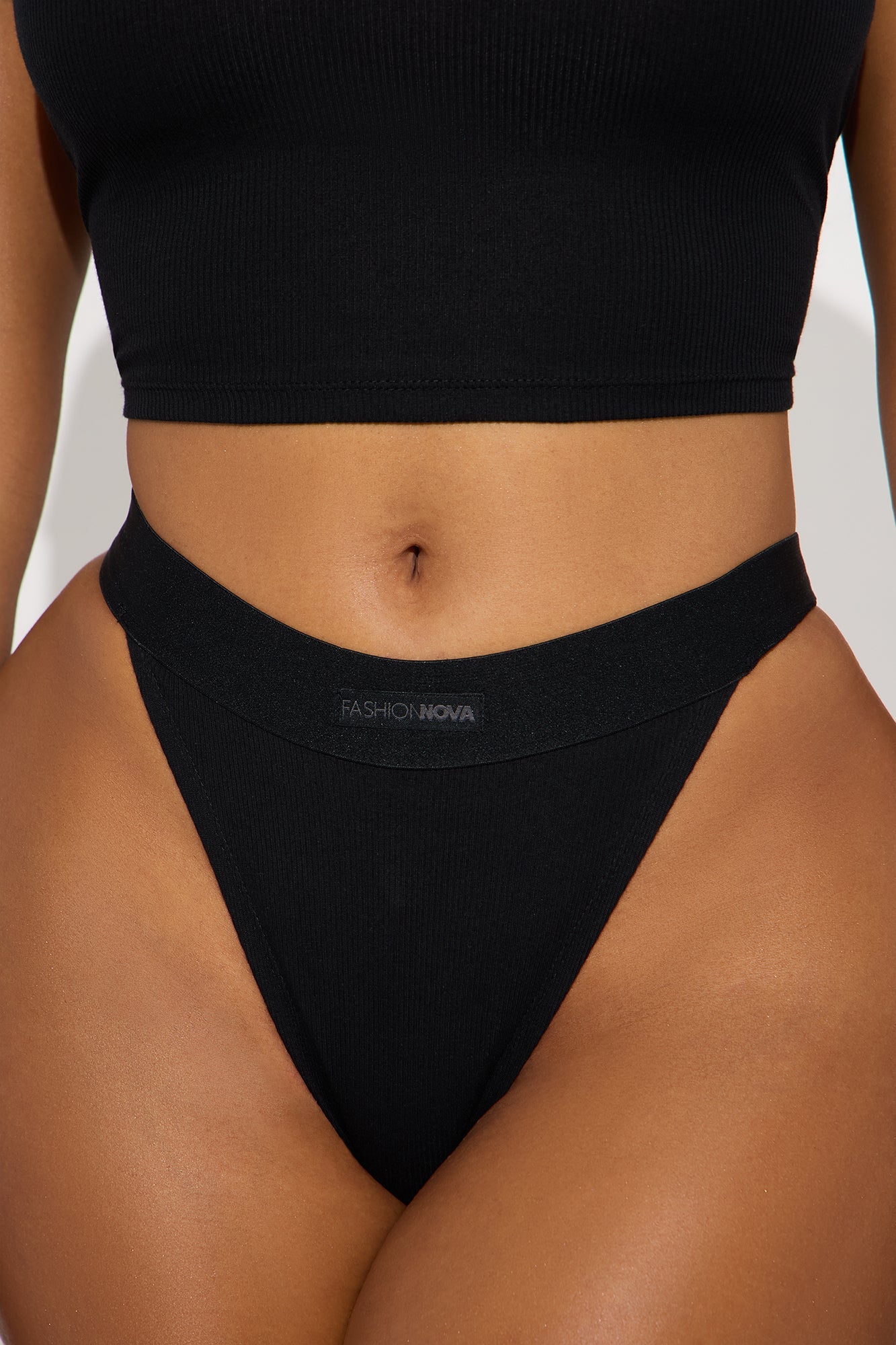 FN Mood TShirt And Thong 2 Piece Cotton Ribbed Set - Black