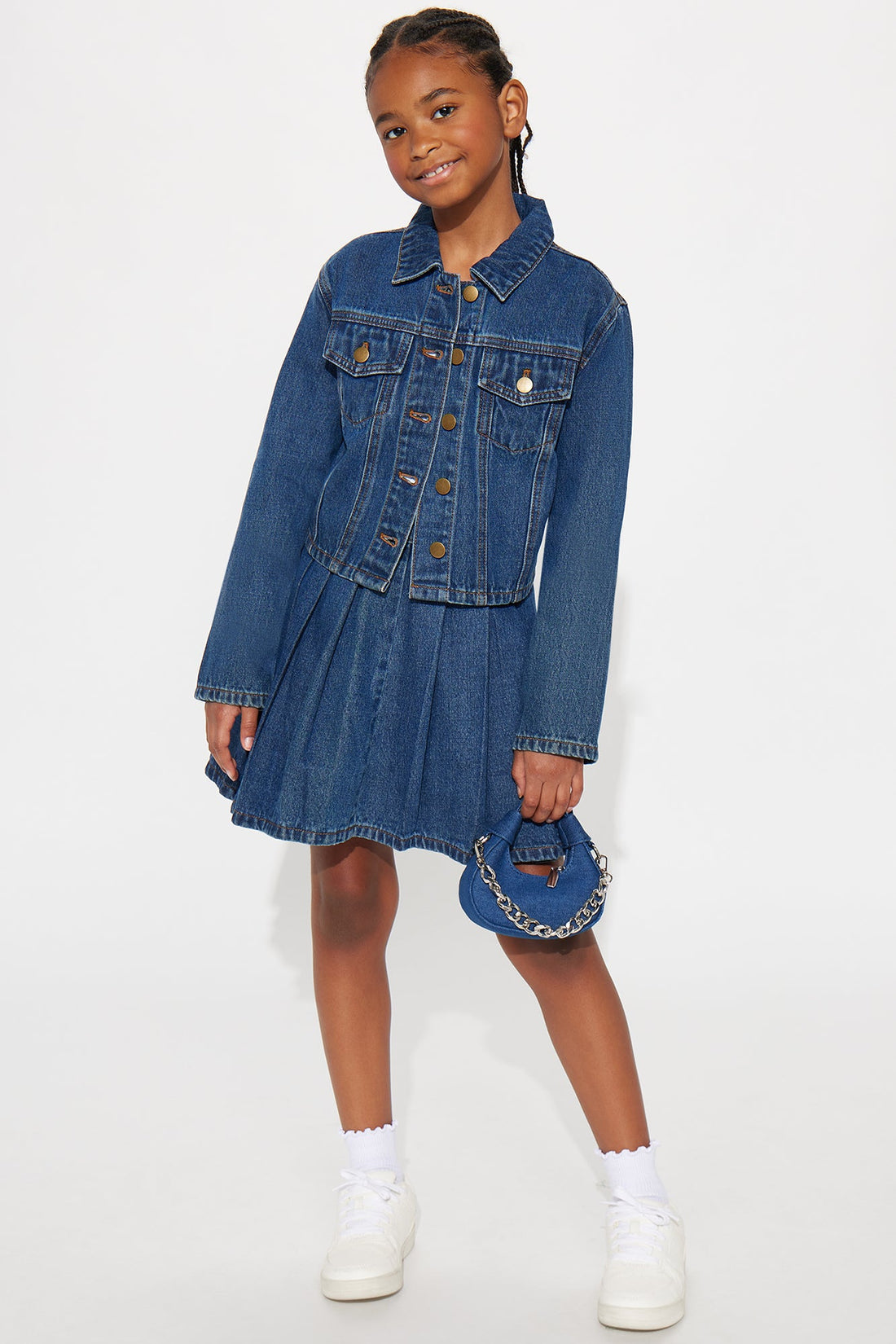 Mini Becca Denim Pleated Skirt Set - Medium Wash