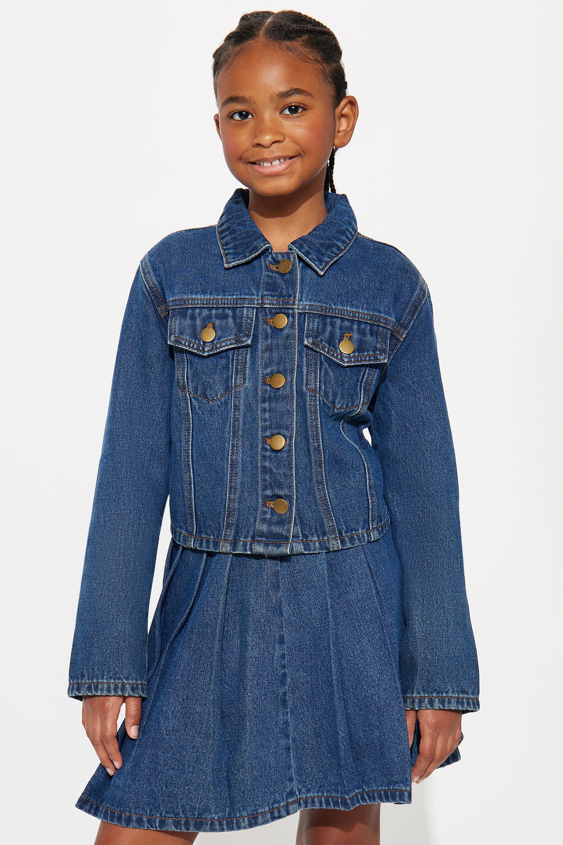Mini Becca Denim Pleated Skirt Set - Medium Wash
