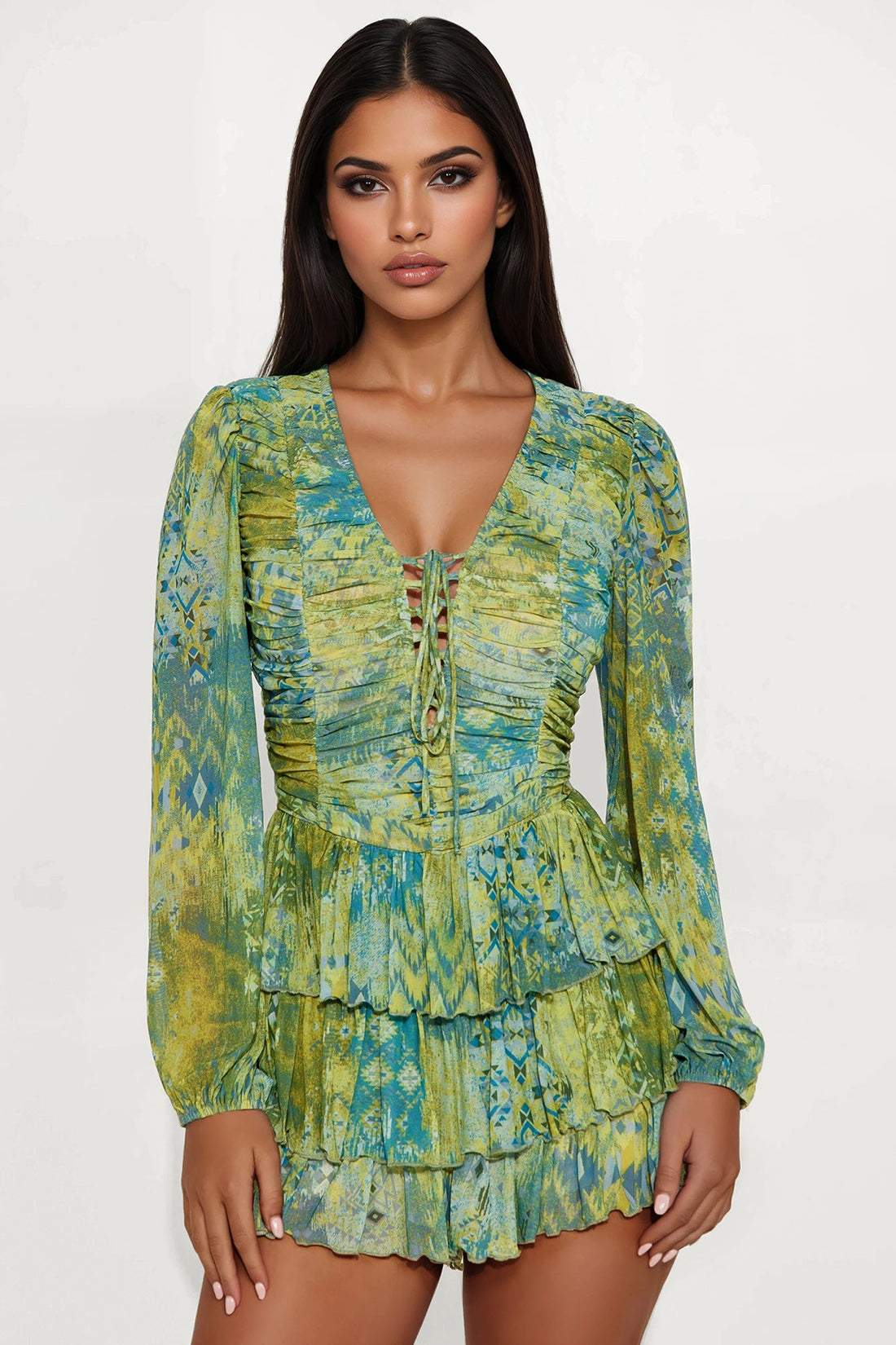Victoria Ruched Mesh Romper - Sage/combo