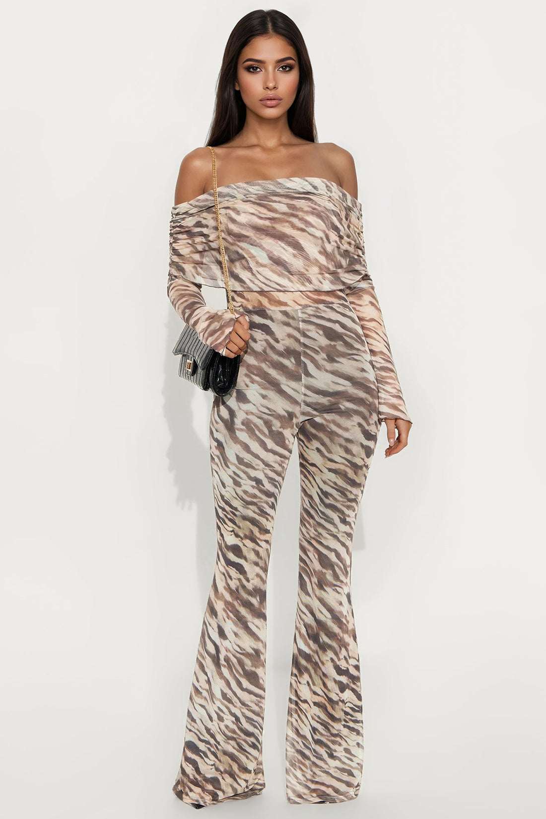 Getting Away Off Shoulder Mesh Jumpsuit - Mocha/combo