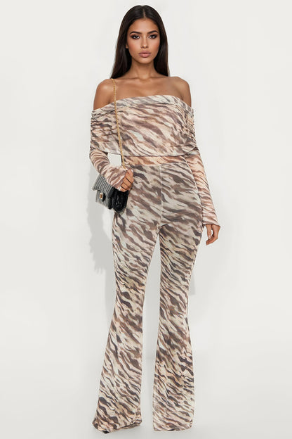 Getting Away Off Shoulder Mesh Jumpsuit - Mocha/combo