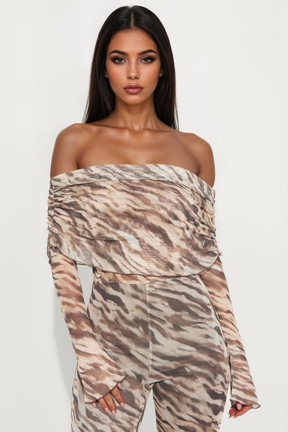 Getting Away Off Shoulder Mesh Jumpsuit - Mocha/combo