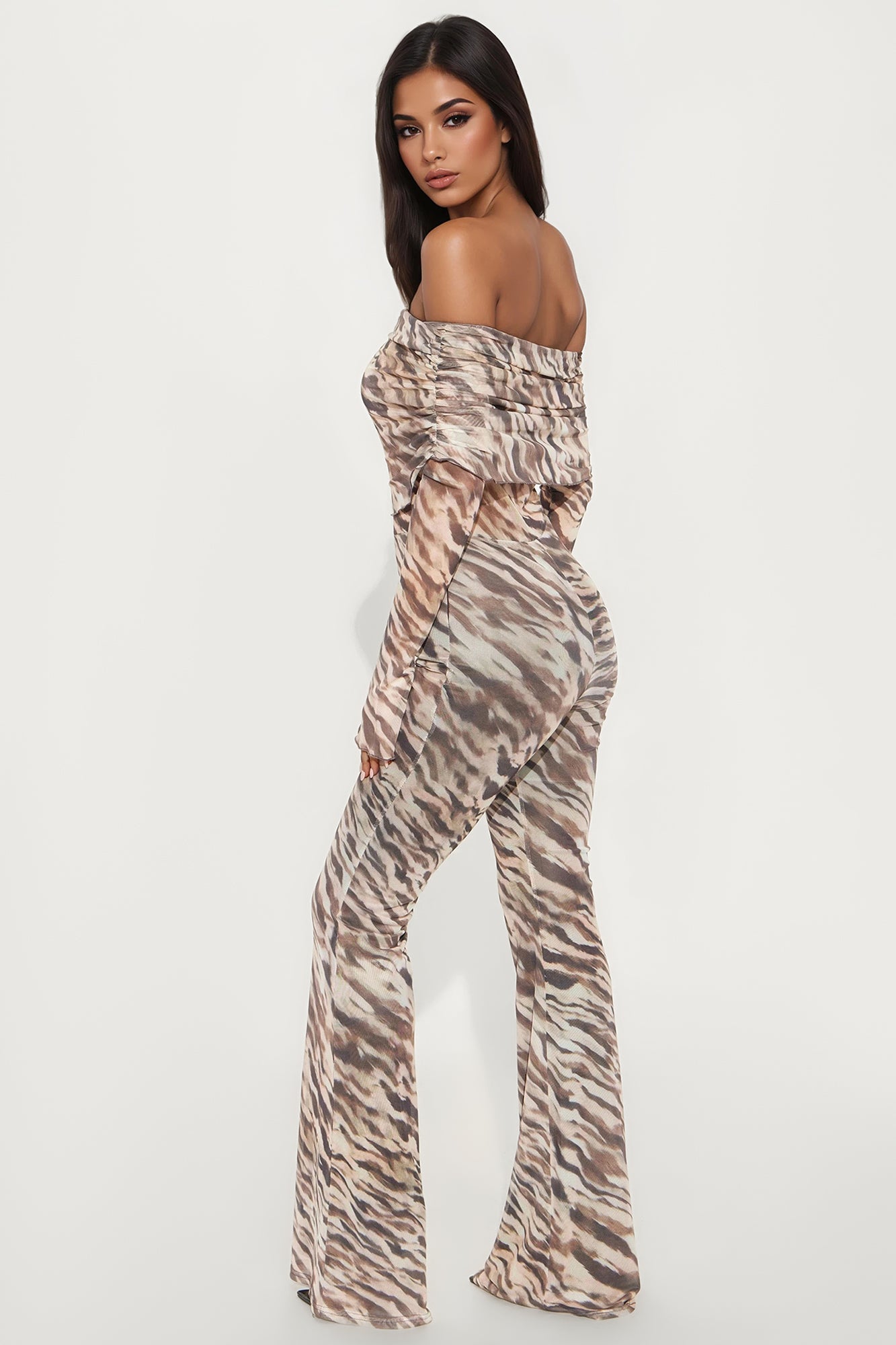 Getting Away Off Shoulder Mesh Jumpsuit - Mocha/combo