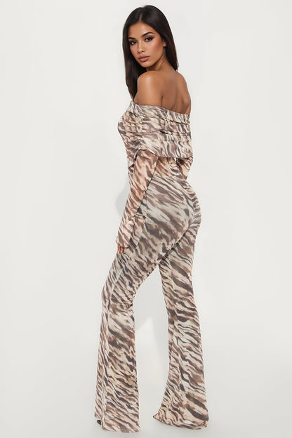 Getting Away Off Shoulder Mesh Jumpsuit - Mocha/combo