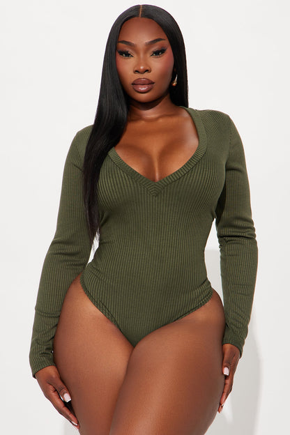 Alora Ribbed Long Sleeve Bodysuit - Olive