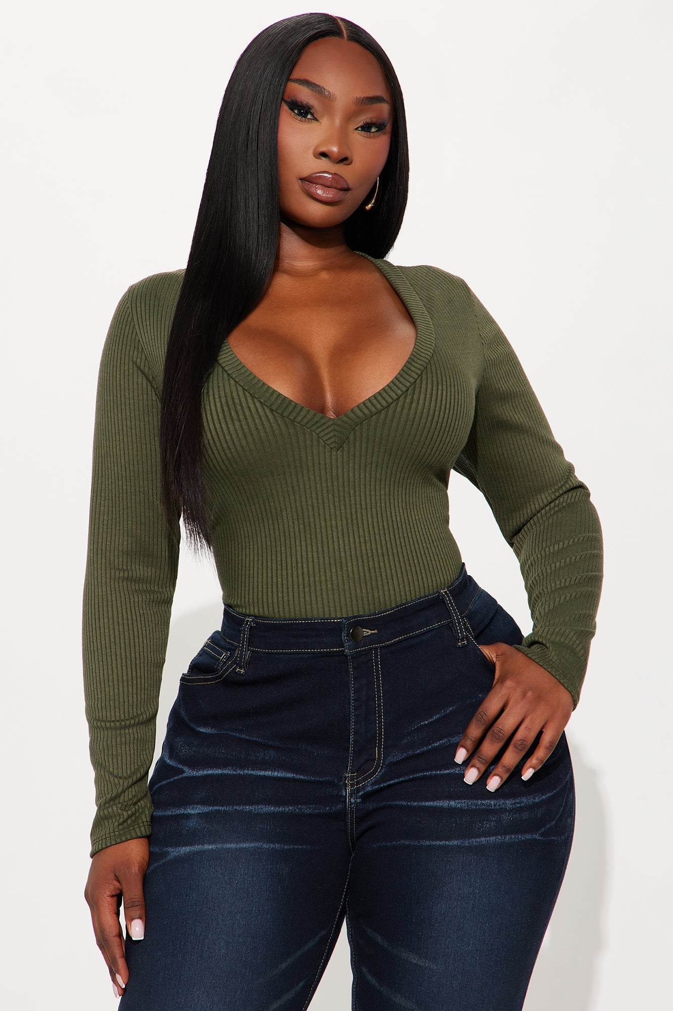 Alora Ribbed Long Sleeve Bodysuit - Olive