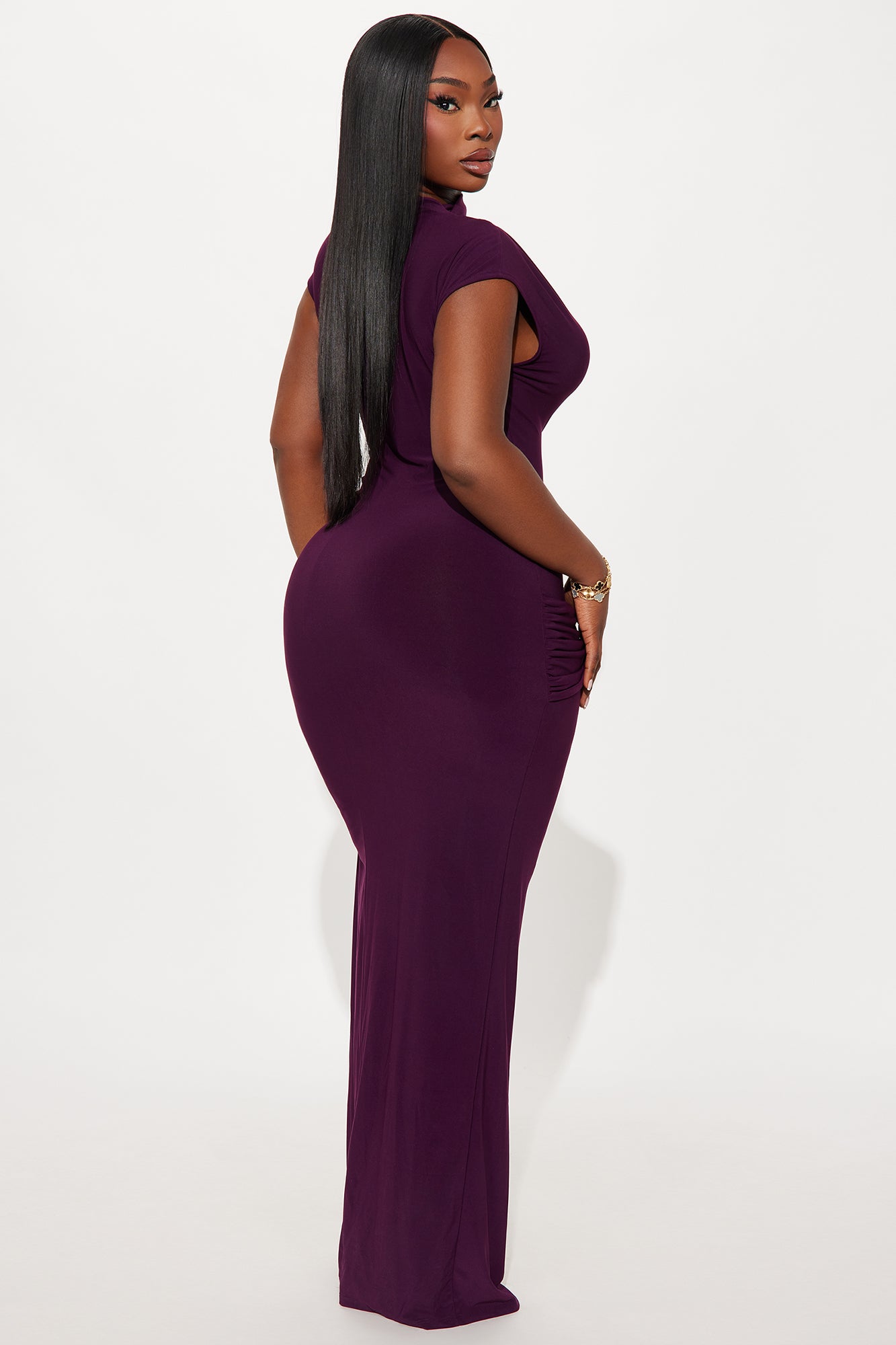 Renae Short Sleeve Ruched Maxi Dress - Plum