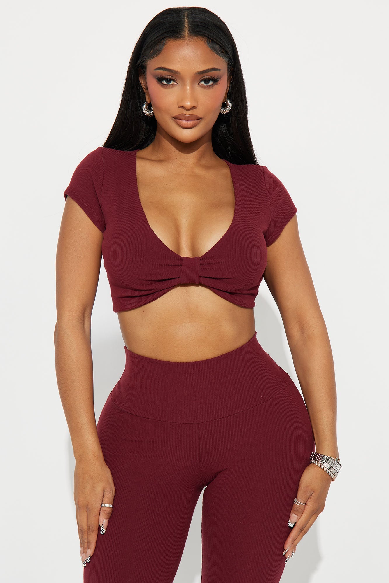 Pilates Princess Bow Flare Leg Pant Set - Burgundy