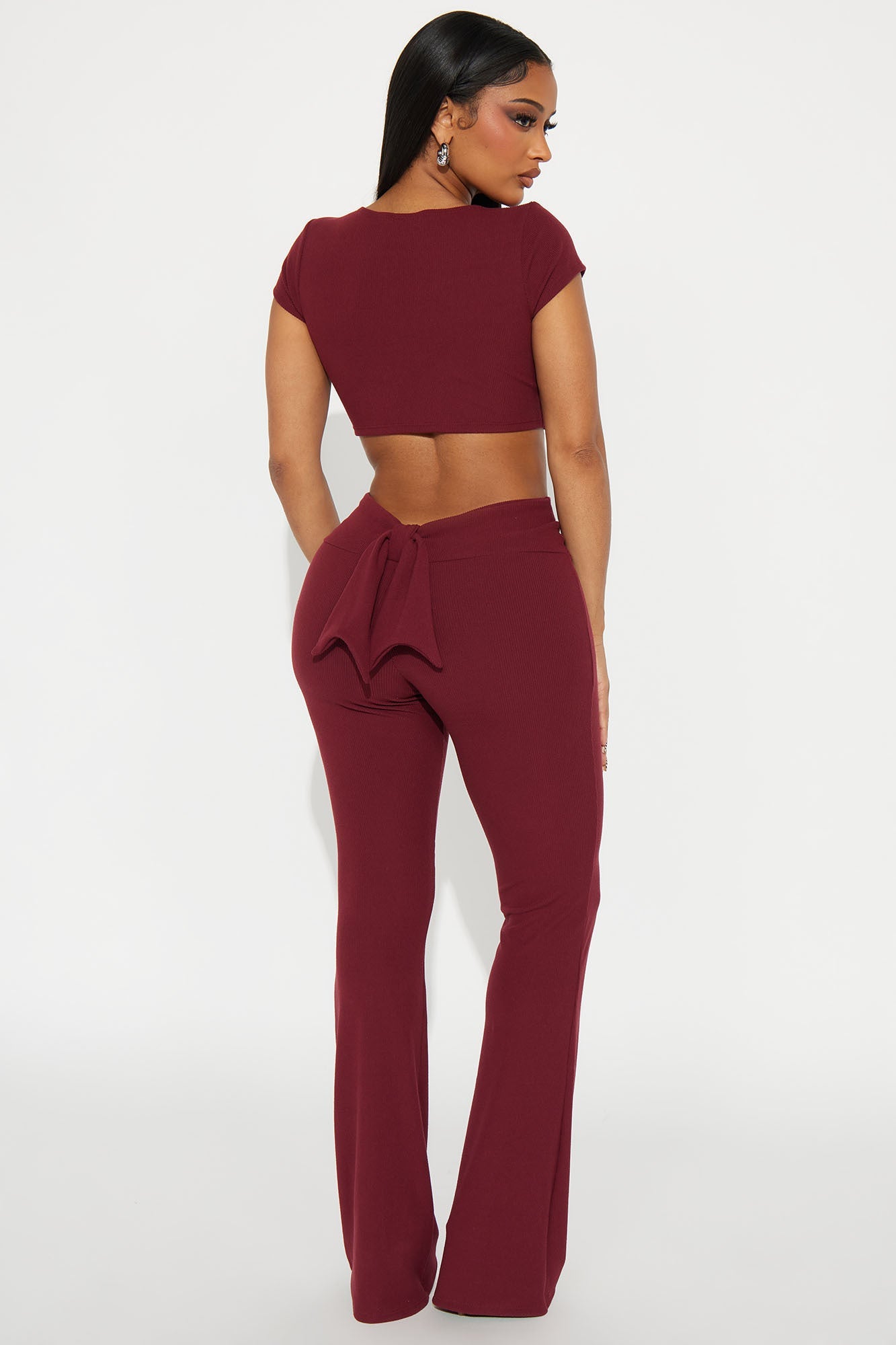 Pilates Princess Bow Flare Leg Pant Set - Burgundy
