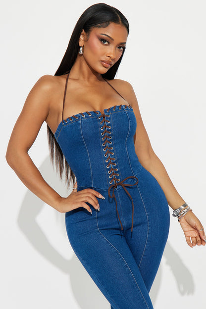 Genevive Denim Halter Jumpsuit - Indigo