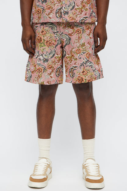Relaxed Rose Pattern Tapestry Short - Pink/combo