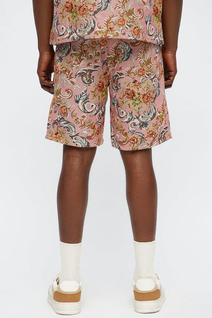 Relaxed Rose Pattern Tapestry Short - Pink/combo