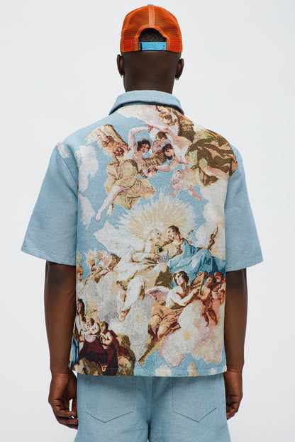 Angels Tapestry Button Up Shirt - Blue/combo