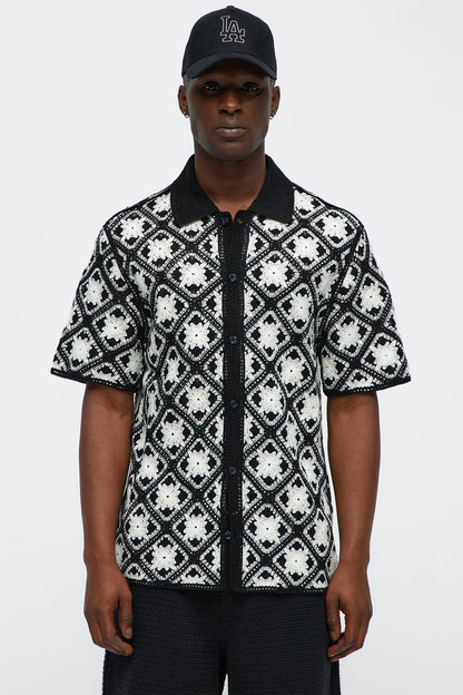 Crochet Starry Diamonds Closed Collar Shirt - Black/White