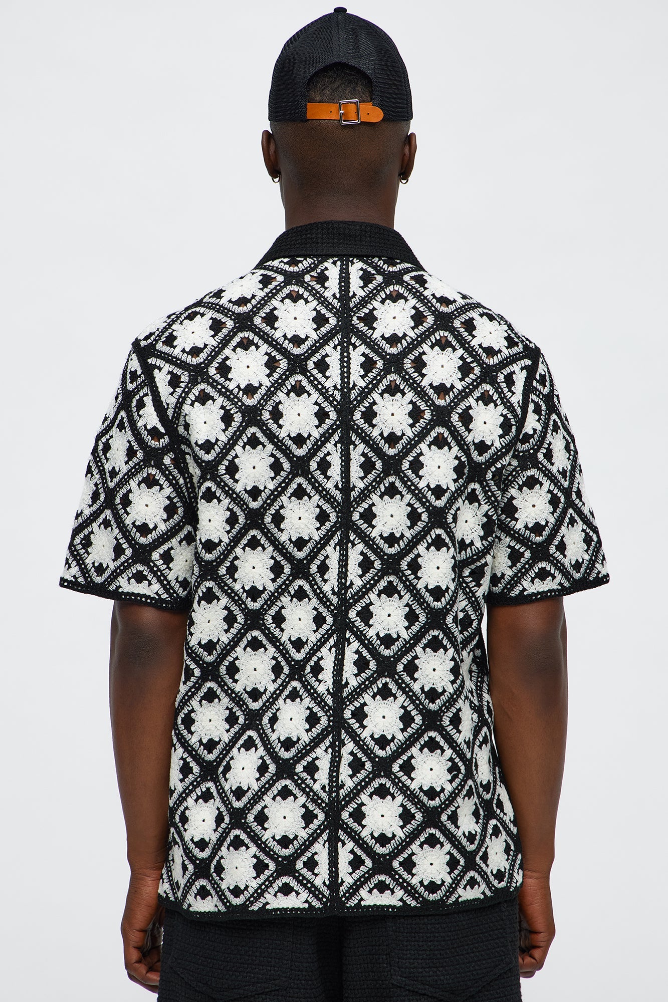 Crochet Starry Diamonds Closed Collar Shirt - Black/White