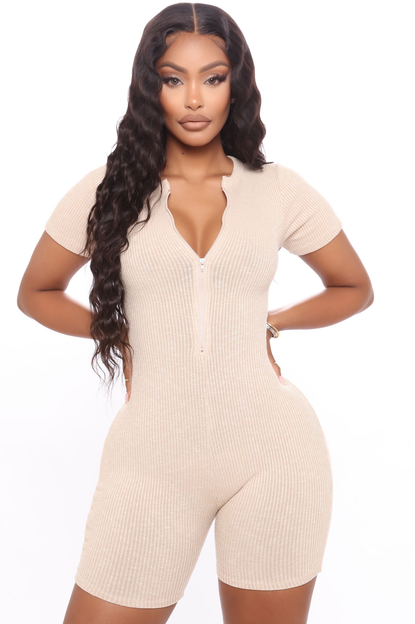 Uptown Downtown Biker Short Romper - Taupe