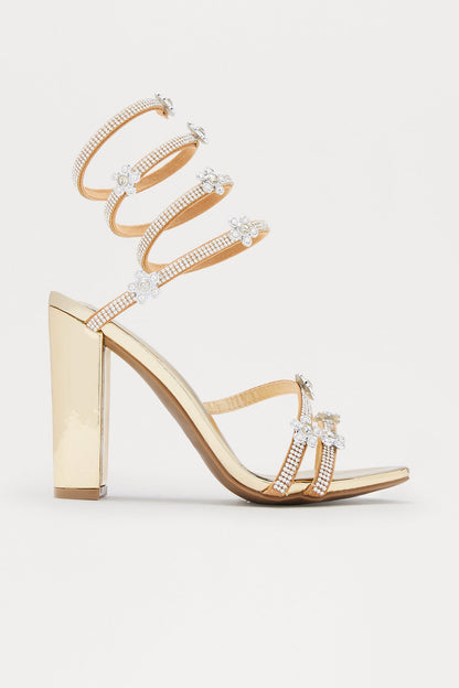 Kylian Rhinestone Flower Wrap Up Heels - Gold