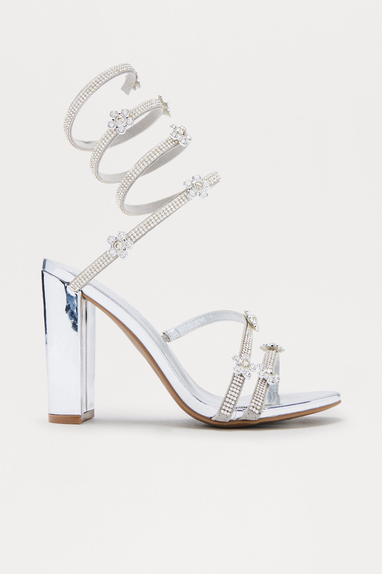 Kylian Rhinestone Flower Wrap Up Heels - Silver