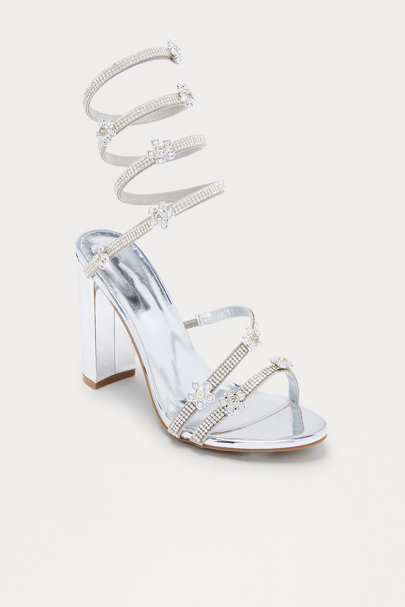 Kylian Rhinestone Flower Wrap Up Heels - Silver