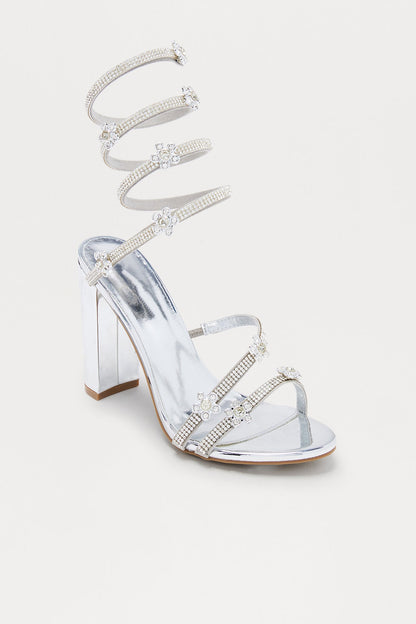 Kylian Rhinestone Flower Wrap Up Heels - Silver