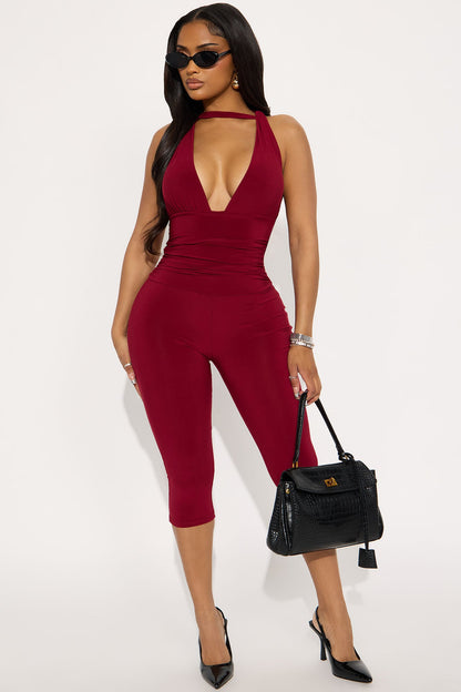 On My Way Capri Jumpsuit - Burgundy
