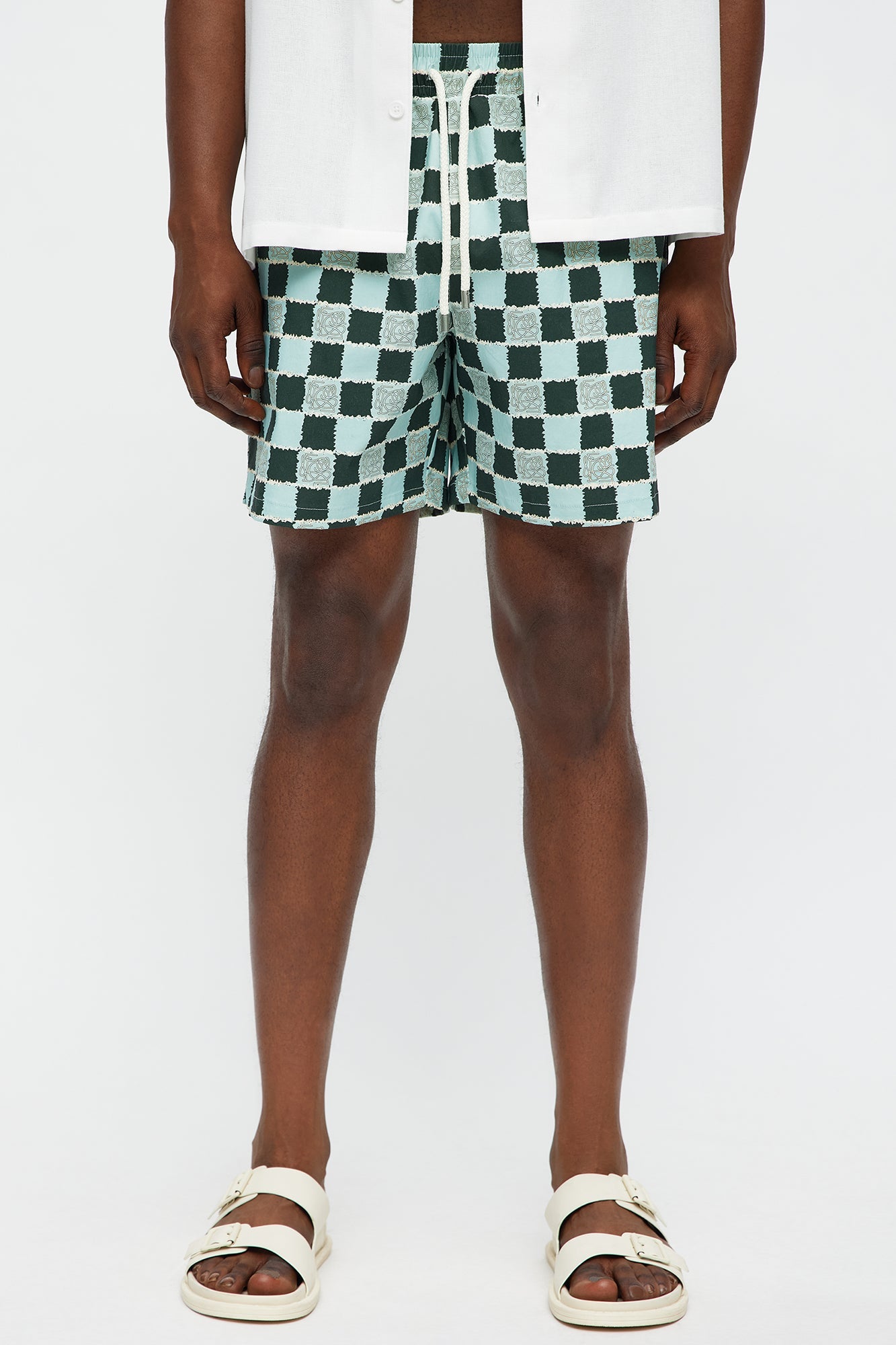 Coastal Squares Printed Checkered Swim Mid Trunk - Green/combo