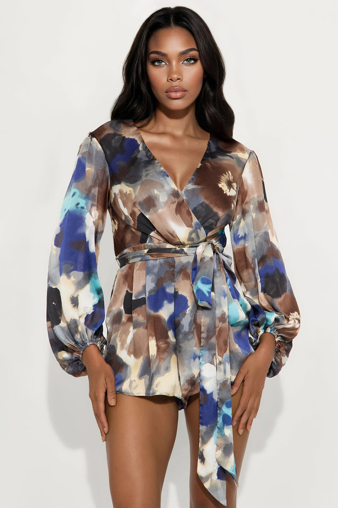 Kamila Abstract Long Sleeve Romper - Grey/combo