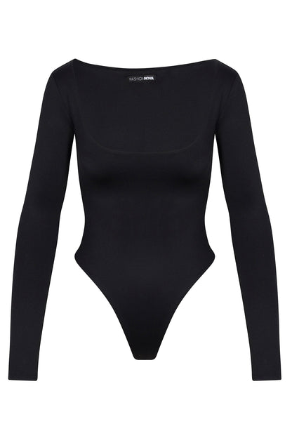 Contour Double Lined Long Sleeve Wide Scoop Neck Bodysuit - Black
