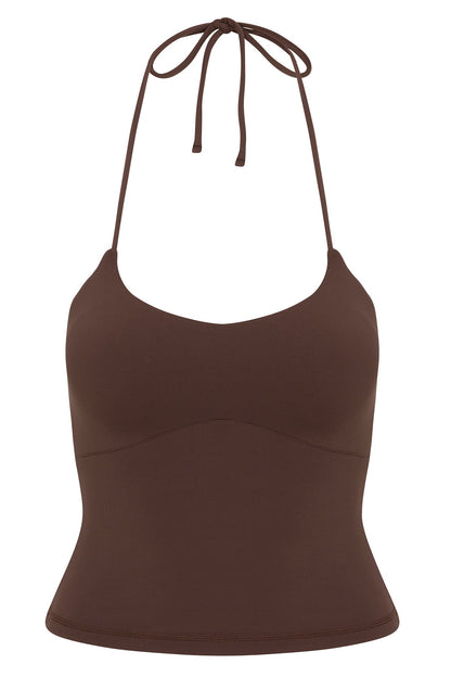Second Skin Double Lined Cut Out Halter Top - Chocolate