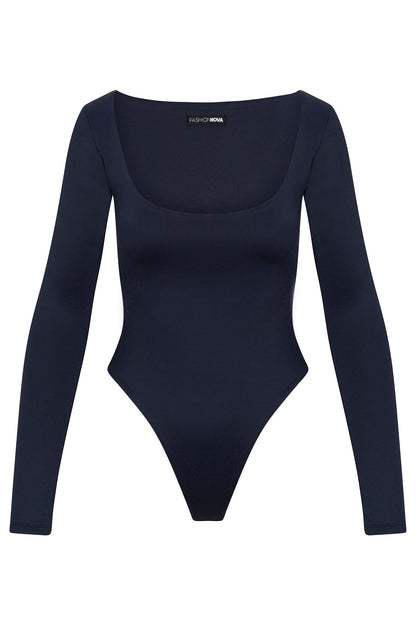 Contour Double Lined Long Sleeve Wide Scoop Neck Bodysuit - Navy