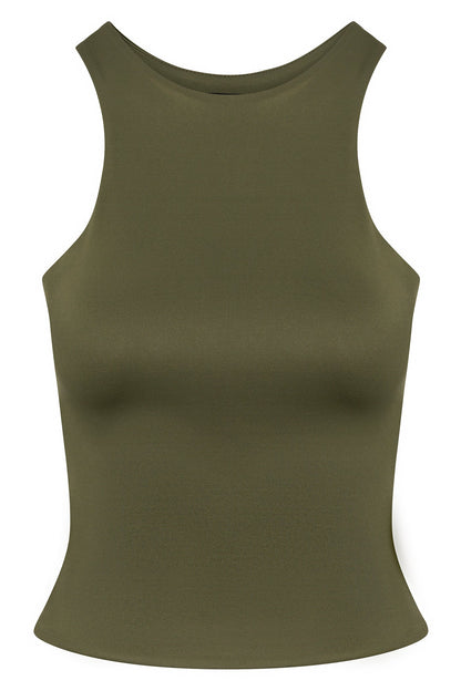 Contour Double Lined High Neck Tank Top - Military Green