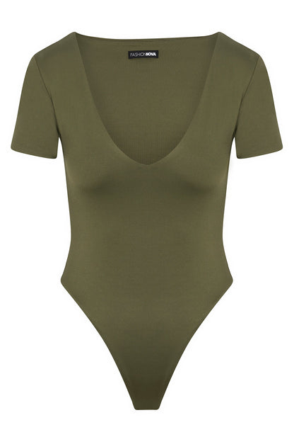 Contour Double Lined Short Sleeve High Cut Bodysuit - Military Green