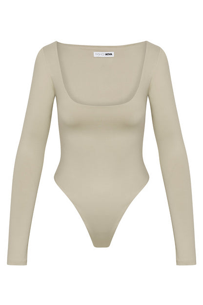 Contour Double Lined Long Sleeve Wide Scoop Neck Bodysuit - Stone