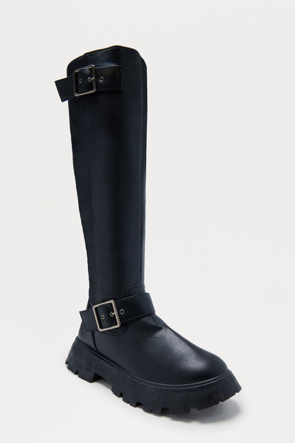 Kyoto Buckle Knee High Boots - Black
