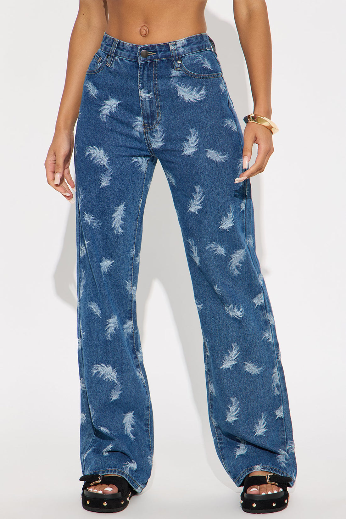 Ruffle Some Feathers Jacquard Straight Leg Jeans - Medium Wash