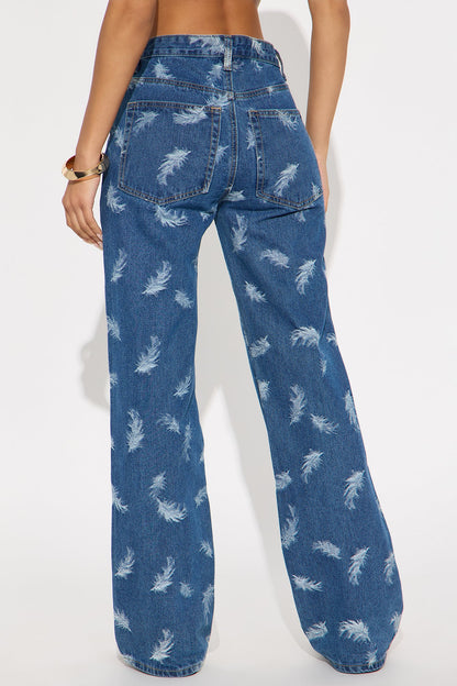 Ruffle Some Feathers Jacquard Straight Leg Jeans - Medium Wash