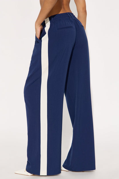 On Track Wide Leg Woven Side Stripe Pants - Navy