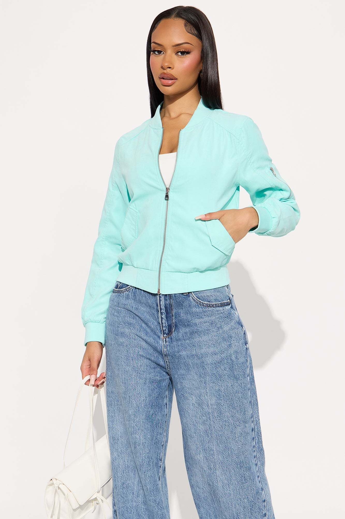 Good Vibes Faux Suede Bomber Jacket - Aqua