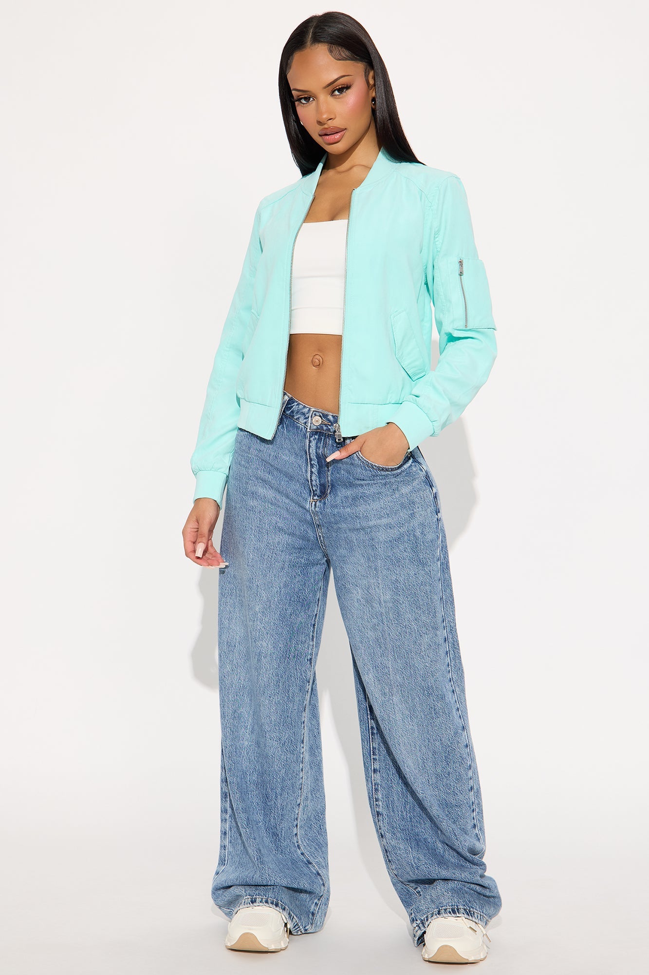 Good Vibes Faux Suede Bomber Jacket - Aqua