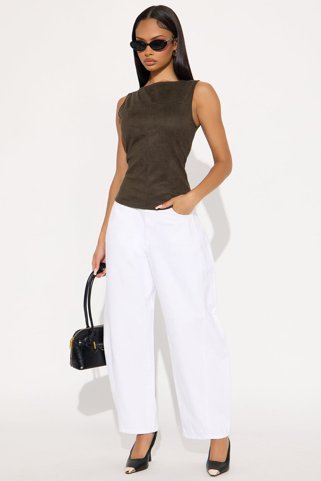 Ori High Neck Faux Suede Top - Grey
