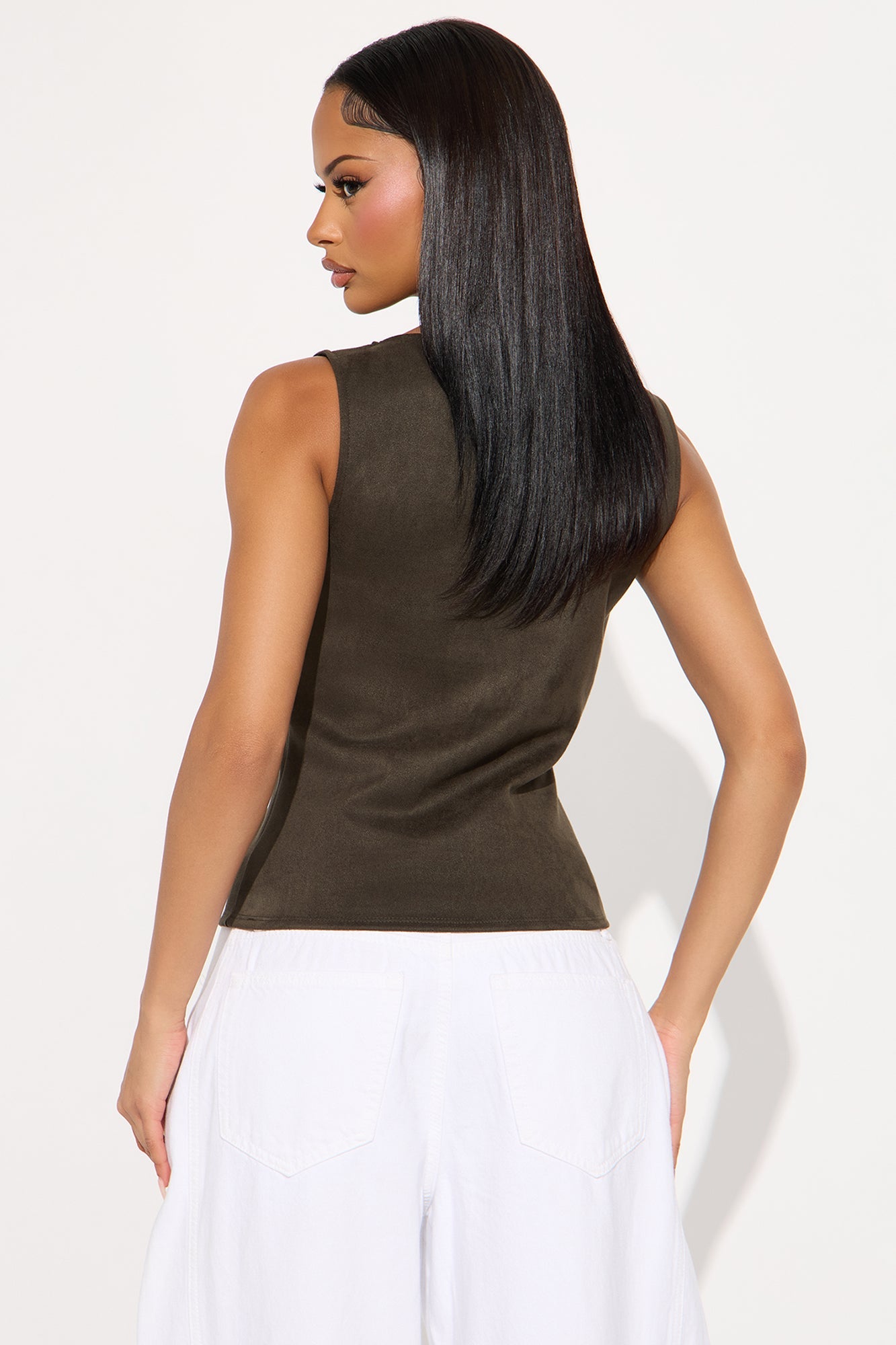 Ori High Neck Faux Suede Top - Grey