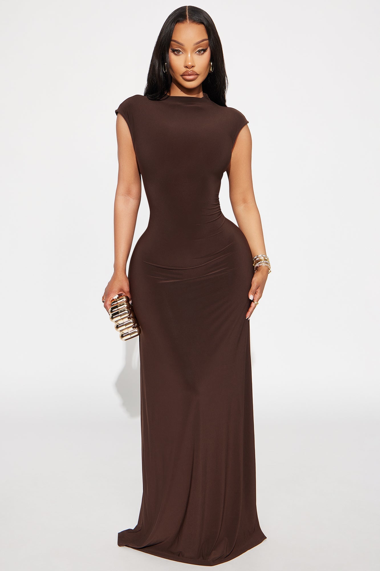 Kaylah Mock Neck Cap Sleeve Maxi Dress - Chocolate