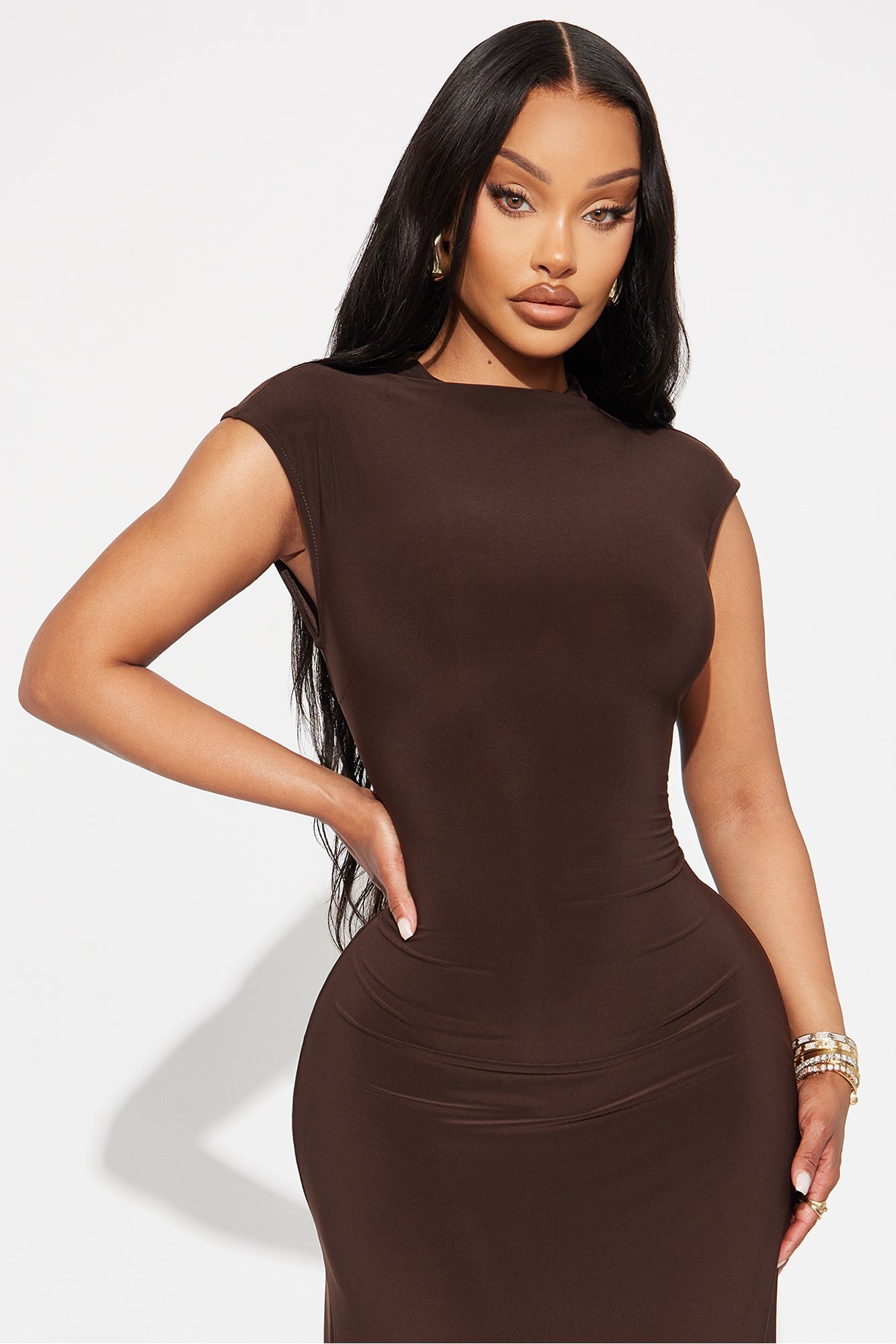 Kaylah Mock Neck Cap Sleeve Maxi Dress - Chocolate
