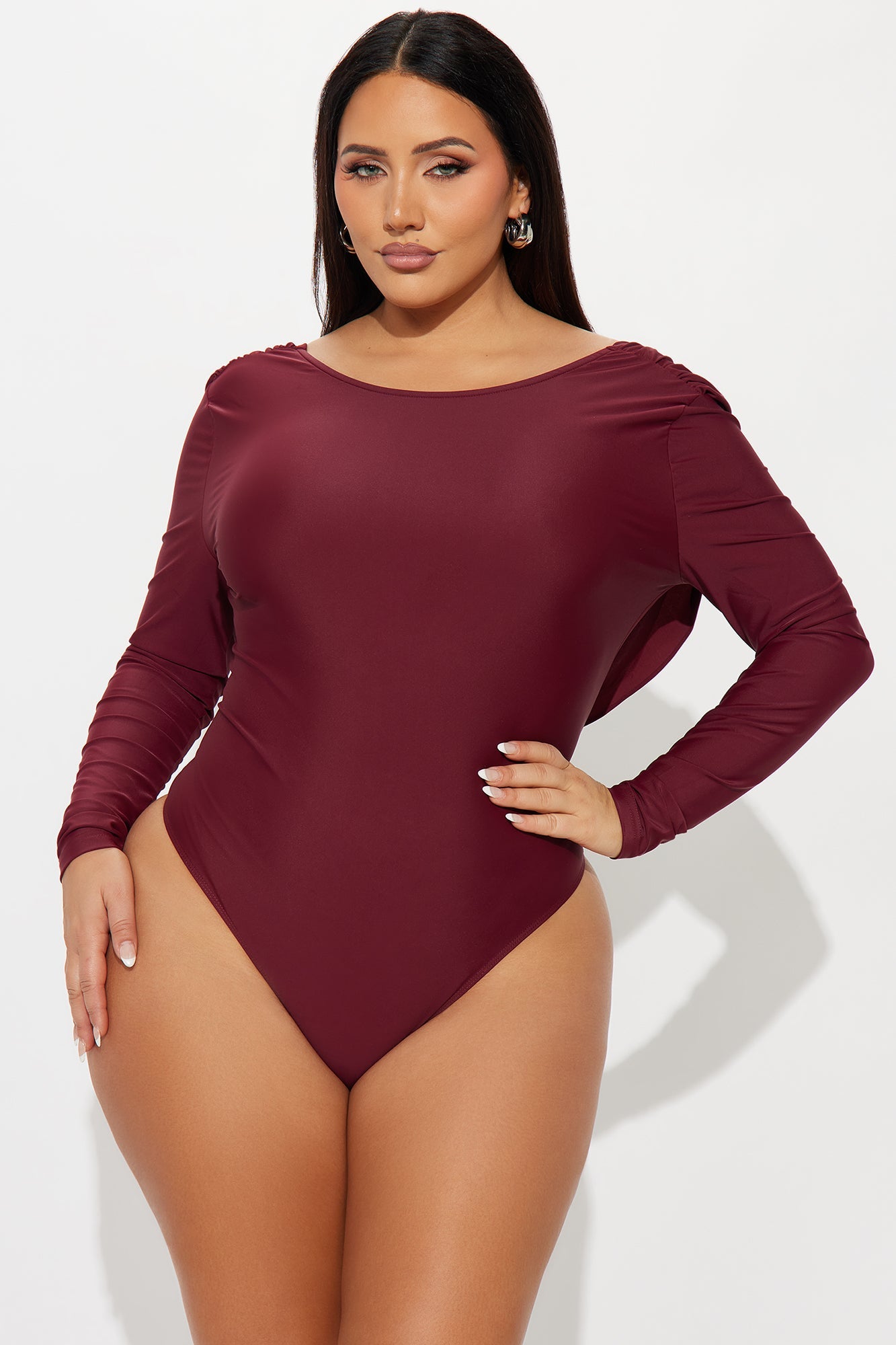 Sabrina Long Sleeve Open Bodysuit - Burgundy