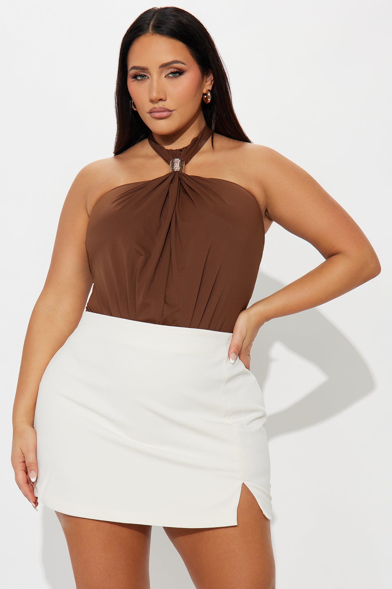 Beverly Y-Neck Ruched Bodysuit - Chocolate