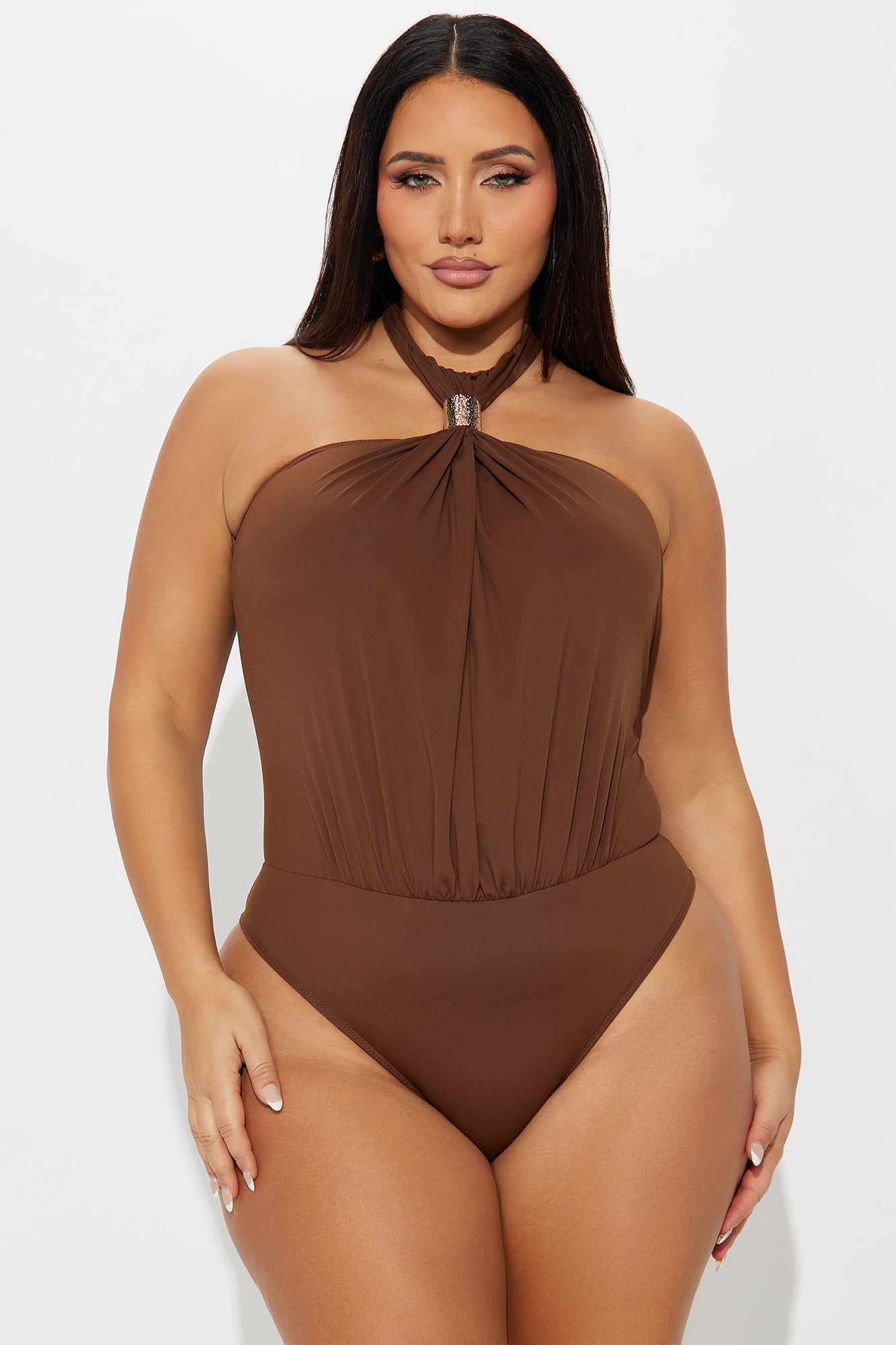 Beverly Y-Neck Ruched Bodysuit - Chocolate