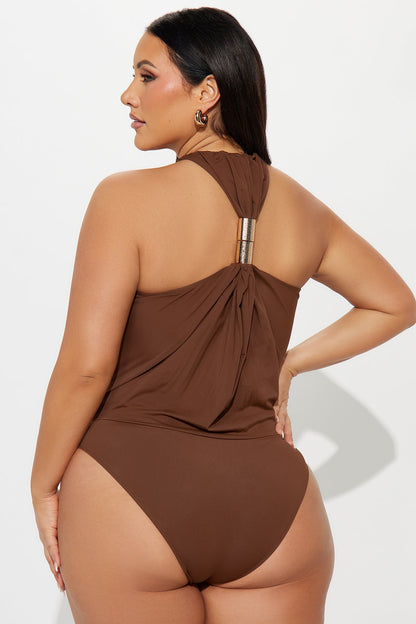 Beverly Y-Neck Ruched Bodysuit - Chocolate