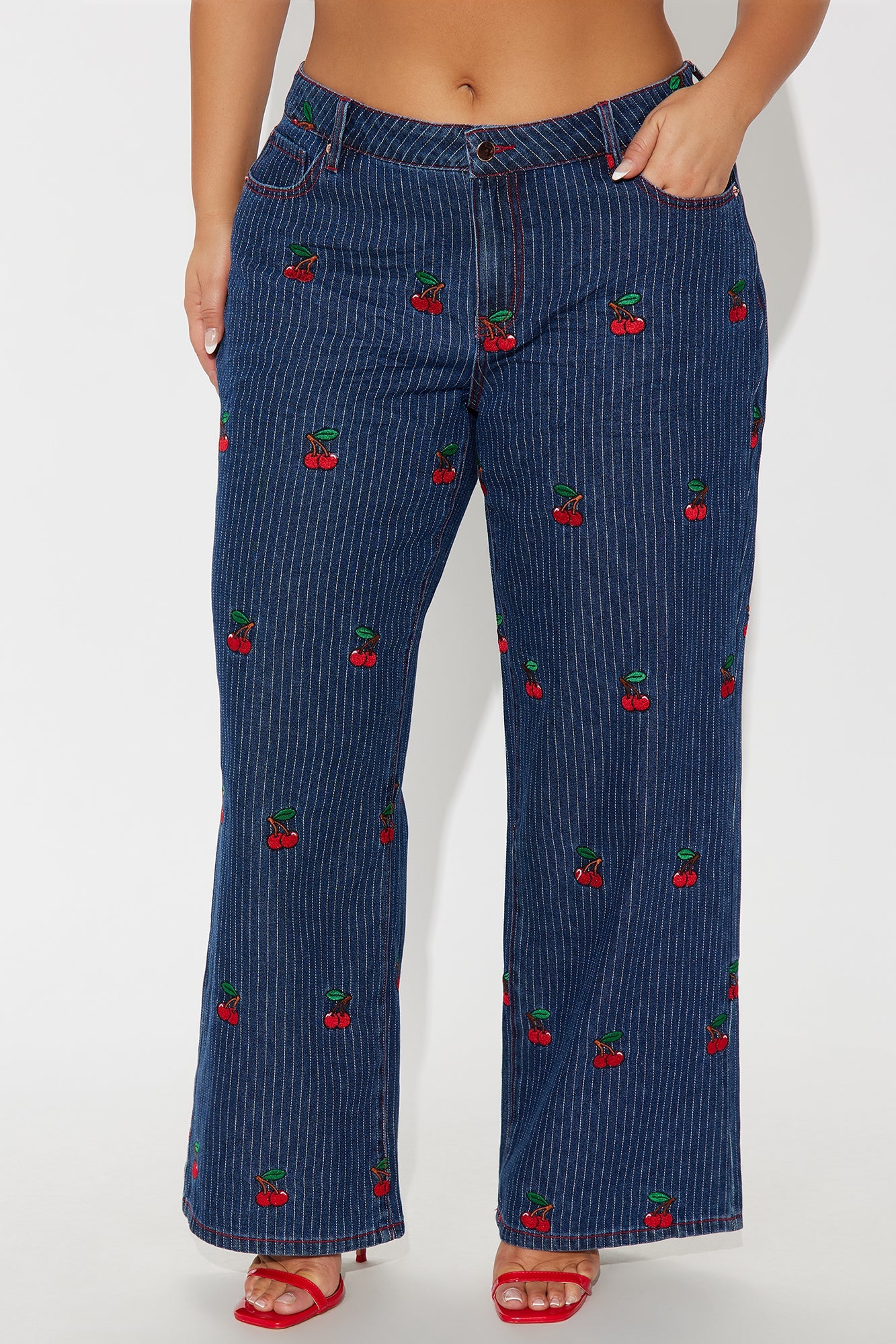 Sweetest Cherry Low Rise Wide Leg Jeans - Medium Wash